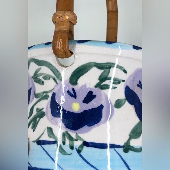 Art Pottery Basket Bamboo Handle Signed “Stevens” Painted Flowers Pansies - Picture 14 of 16
